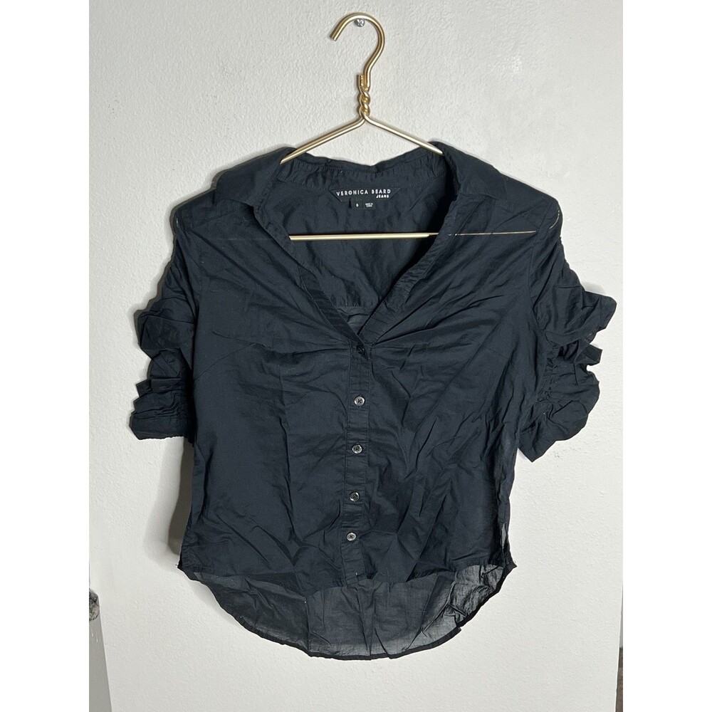 Veronica Beard Jeans Shirt Womens Sm Button Up Black Gathered Sleeves Blouse